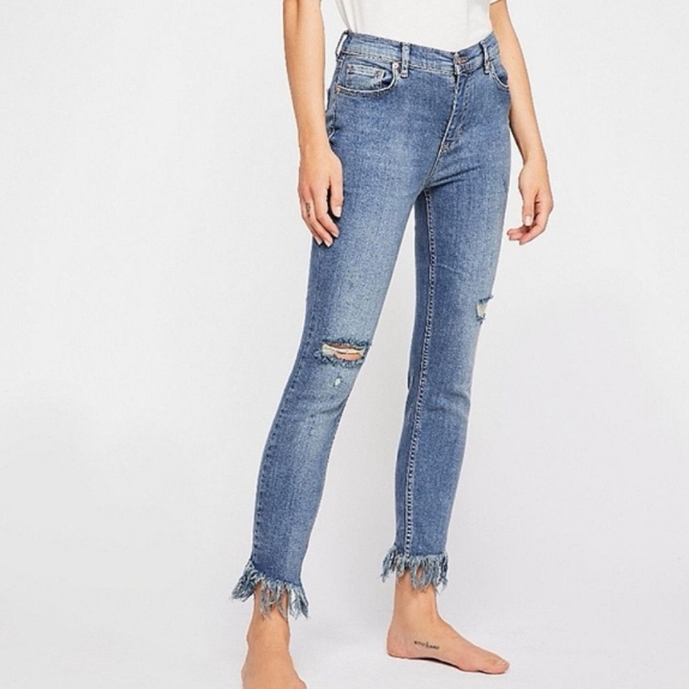We the Free Blue Distressed Raw Hem Fringe Jeans 25